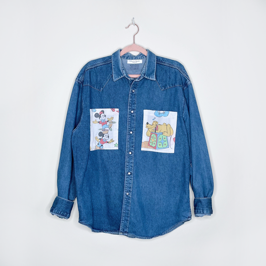 vintage upcycled snap button denim disney shirt - size large