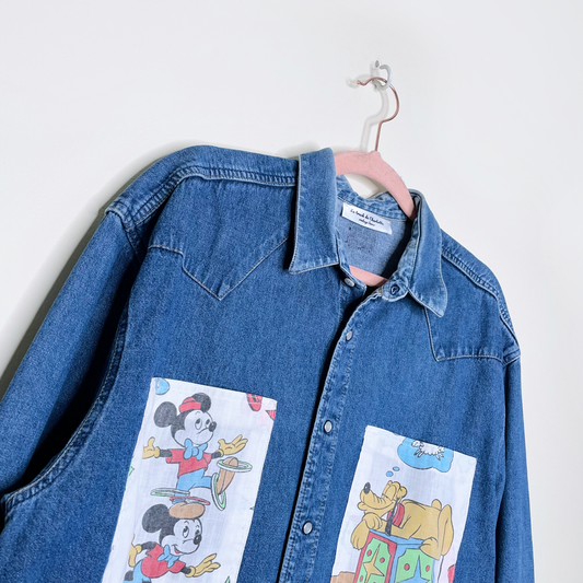 vintage upcycled snap button denim disney shirt - size large
