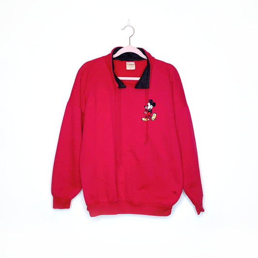 vintage red collared drawstring mickey mouse sweatshirt - size medium