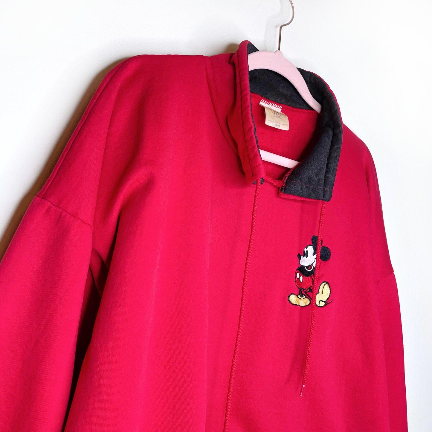 vintage red collared drawstring mickey mouse sweatshirt - size medium