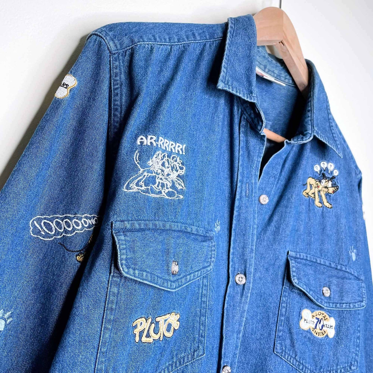vintage disney store pluto embroidered button down denim shirt - size sm/med