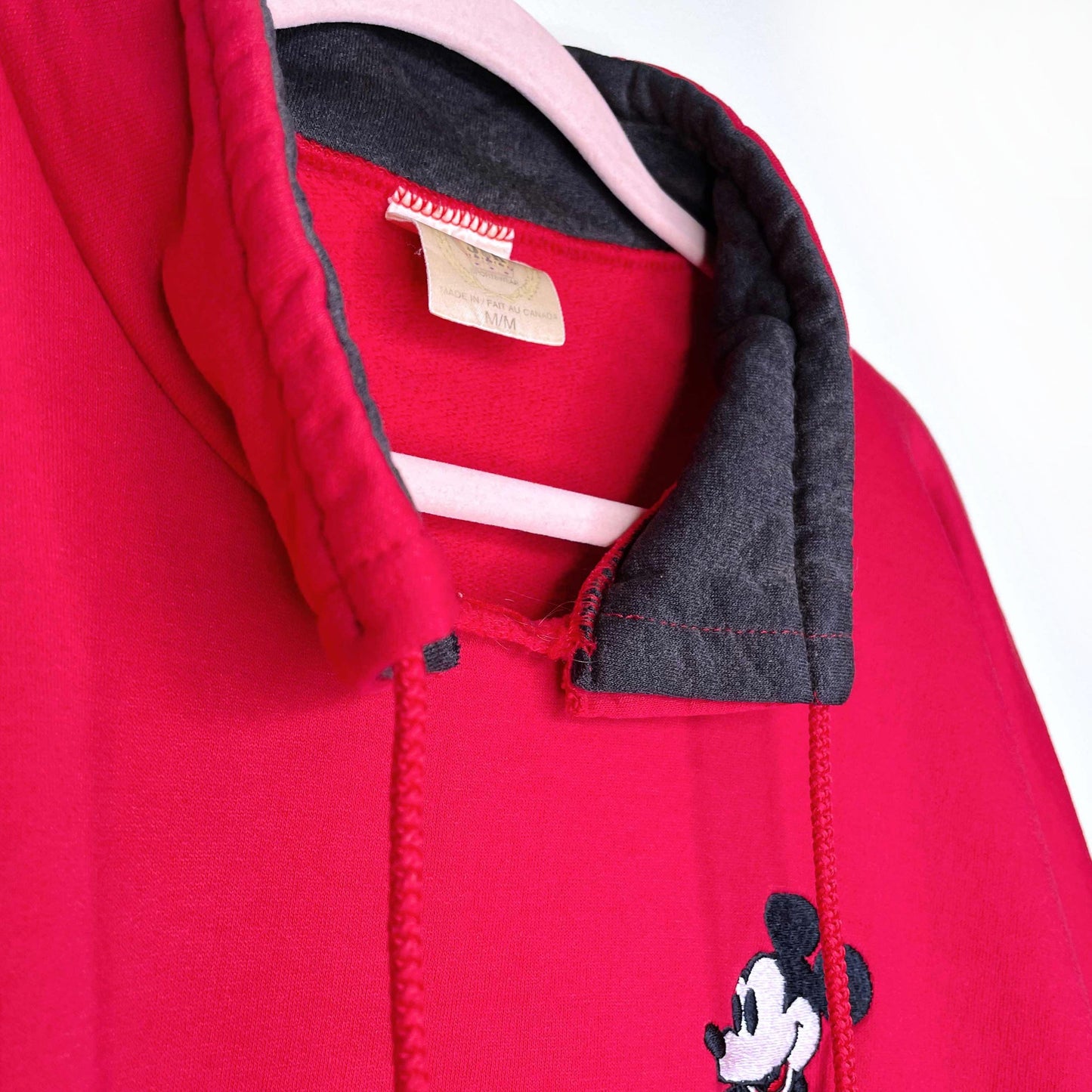 vintage red collared drawstring mickey mouse sweatshirt - size medium