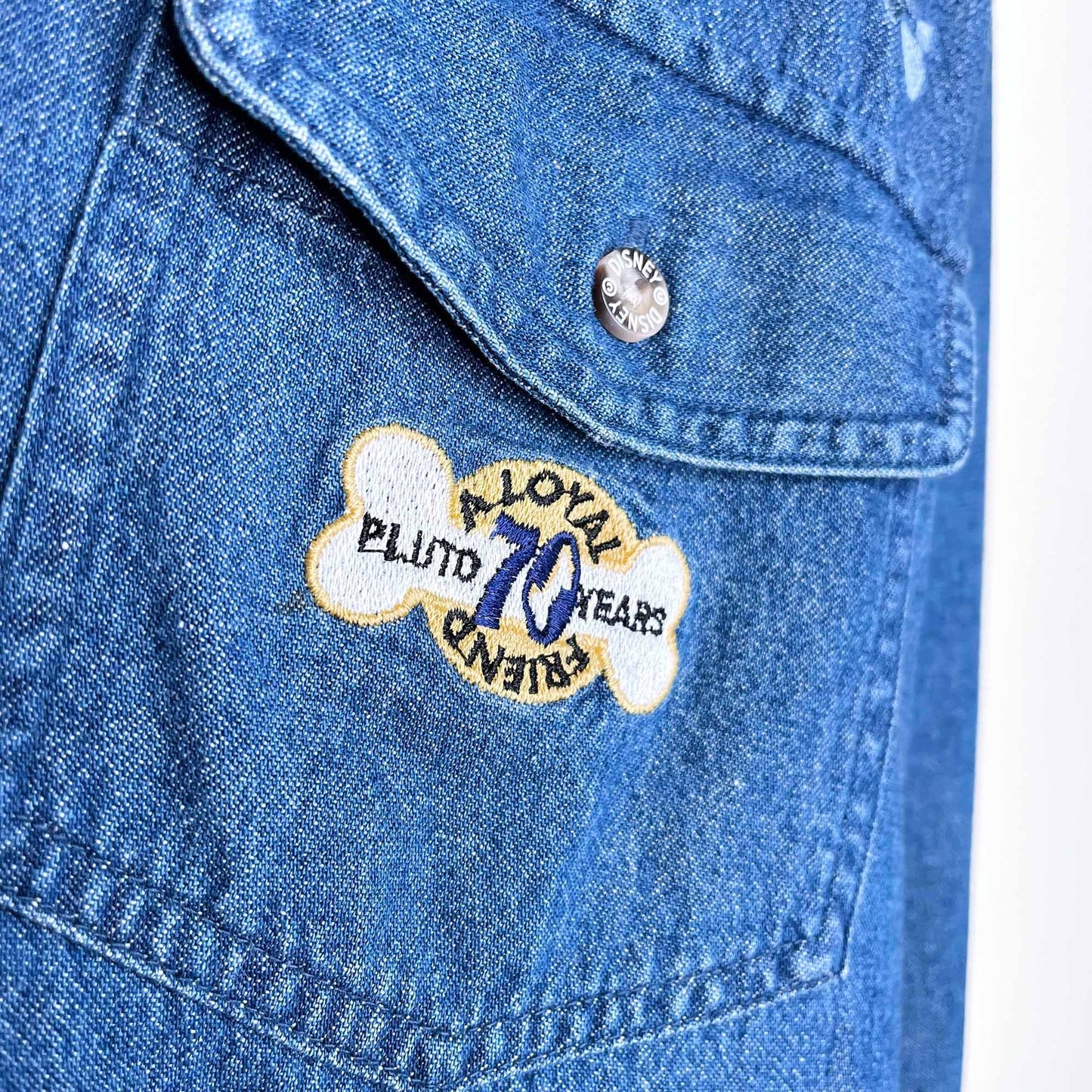vintage disney store pluto embroidered button down denim shirt - size sm/med