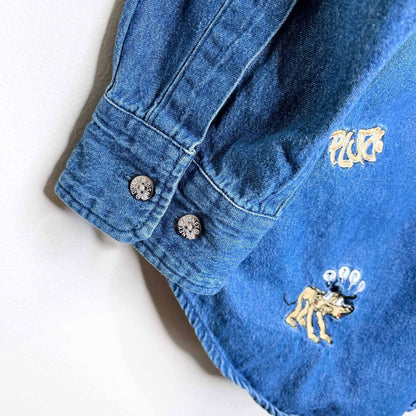 vintage disney store pluto embroidered button down denim shirt - size sm/med
