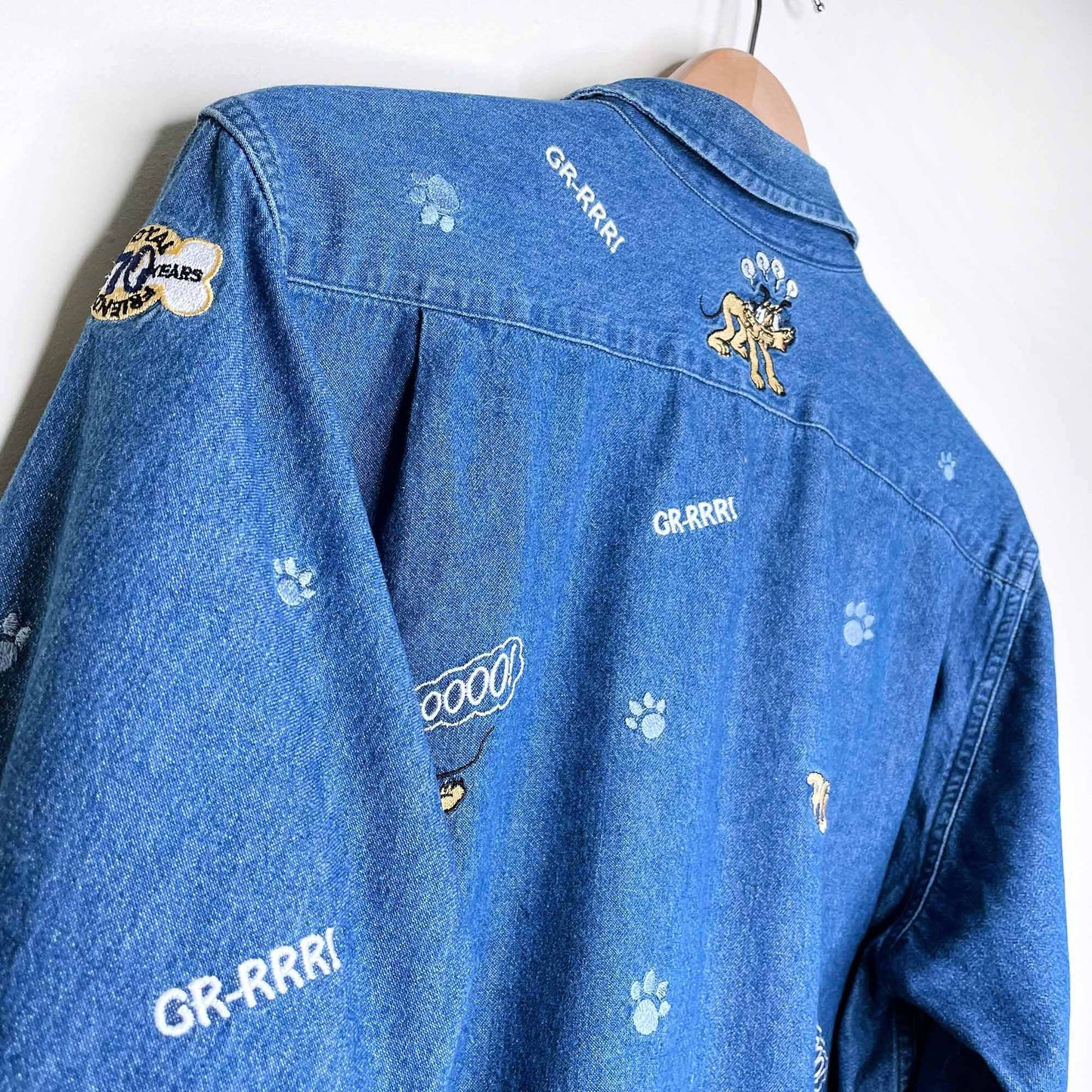 vintage disney store pluto embroidered button down denim shirt - size sm/med