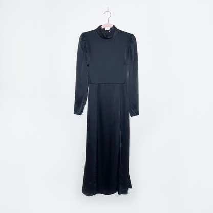 wilfred black satin baja long sleeve satin gown - size 4