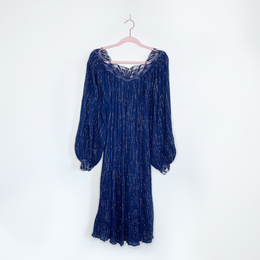 vintage 70s boho metallic dress with lace trim from france - size medium