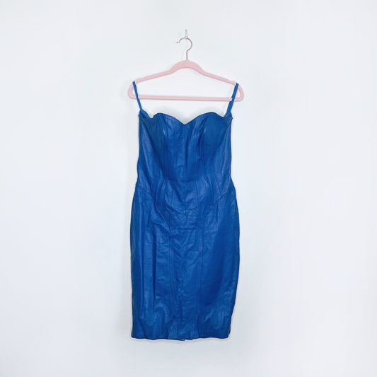 vintage 80s 90s blue soft leather strapless corset boning dress - size large