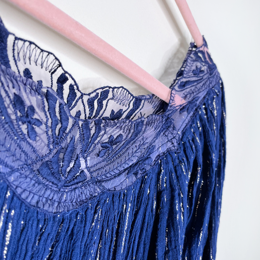 vintage 70s boho metallic dress with lace trim from france - size medium