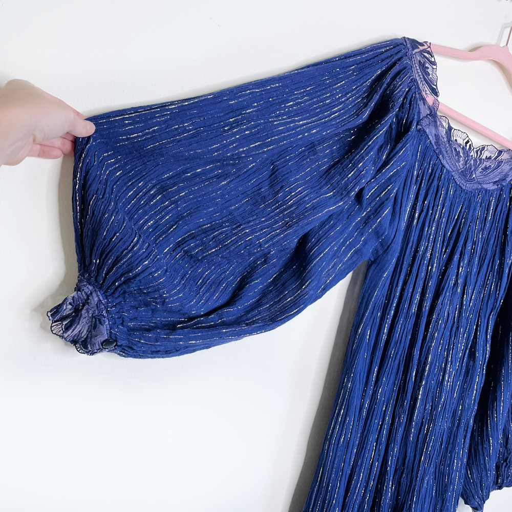 vintage 70s boho metallic dress with lace trim from france - size medium