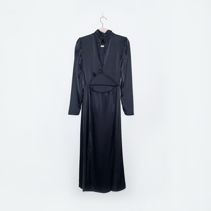 wilfred black satin baja long sleeve satin gown - size 4