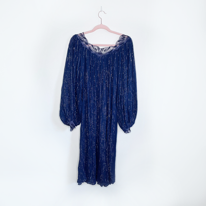 vintage 70s boho metallic dress with lace trim from france - size medium