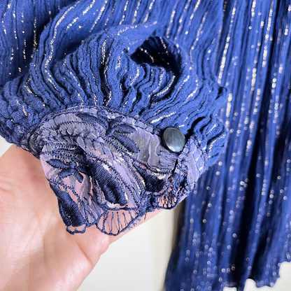 vintage 70s boho metallic dress with lace trim from france - size medium