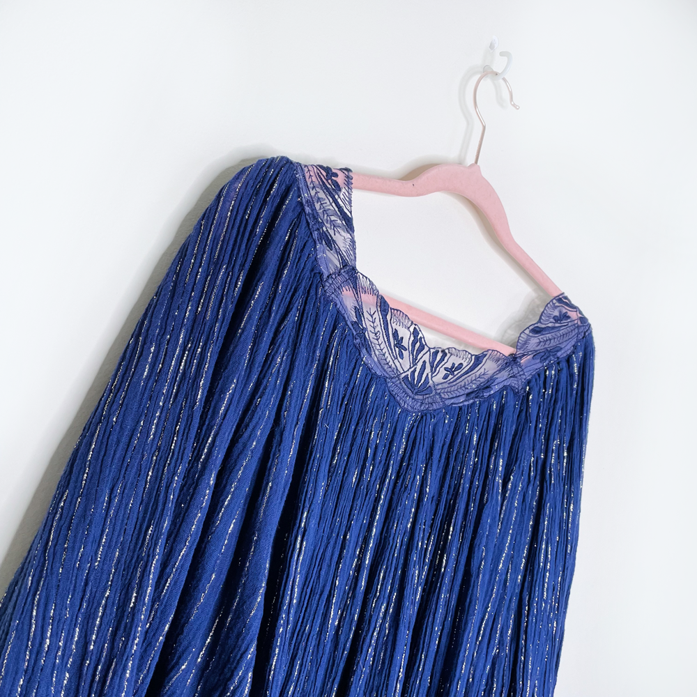 vintage 70s boho metallic dress with lace trim from france - size medium