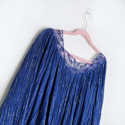 vintage 70s boho metallic dress with lace trim from france - size medium