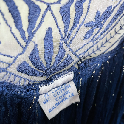 vintage 70s boho metallic dress with lace trim from france - size medium