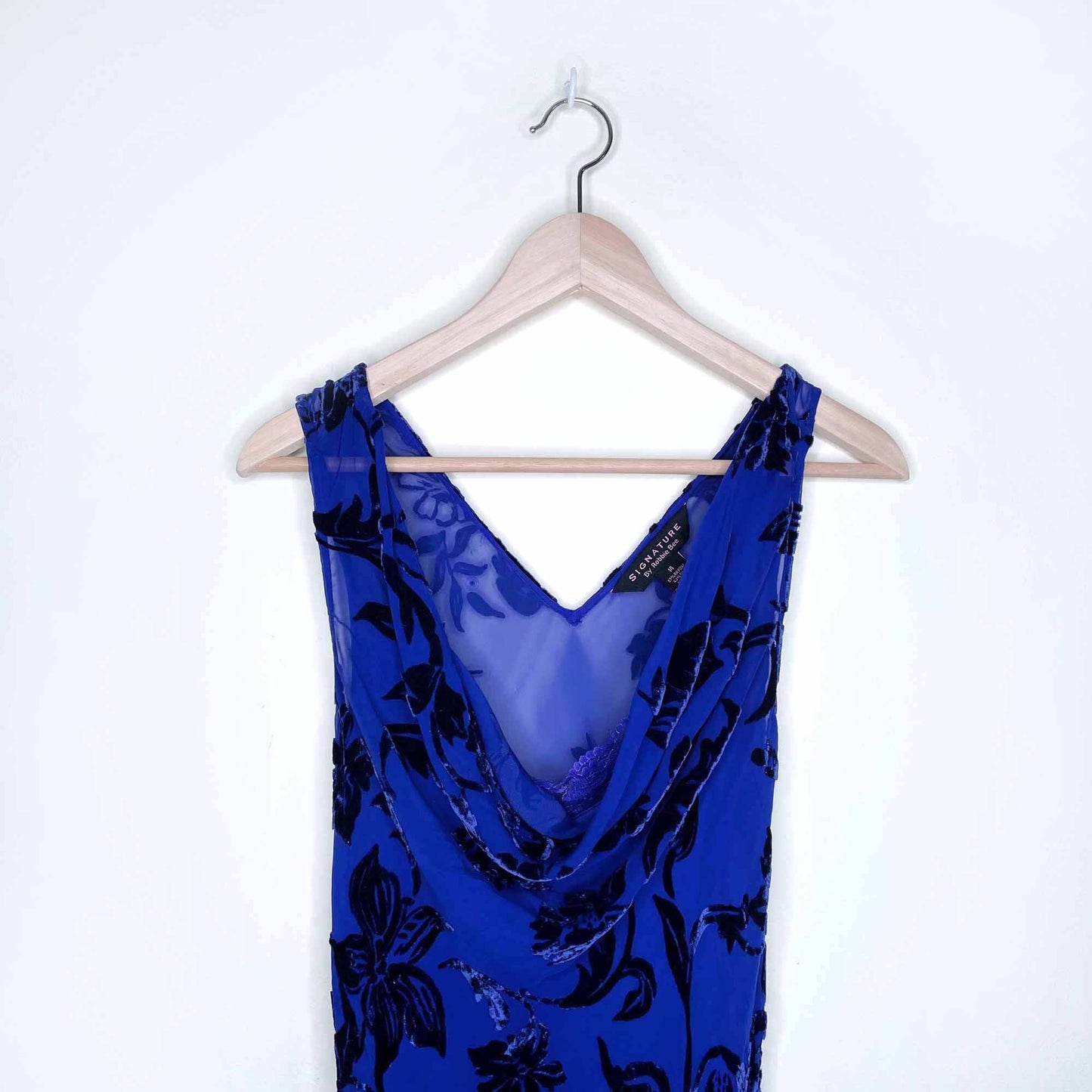 signature by robbie bee velvet floral cowl neck silk gown - size 14