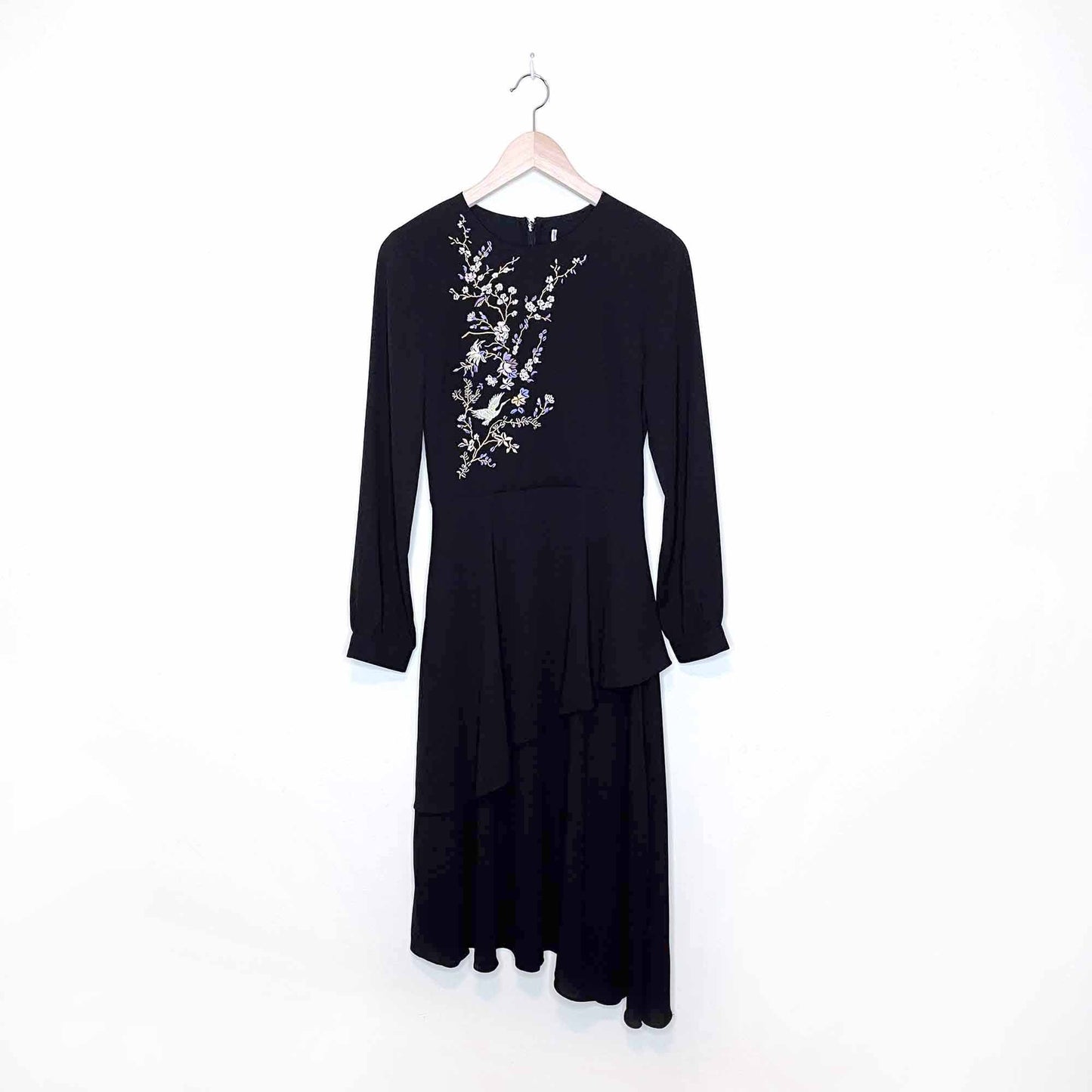 zara black floral embroidered tiered chiffon long sleeve dress - size xs