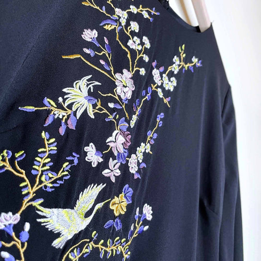 zara black floral embroidered tiered chiffon long sleeve dress - size xs