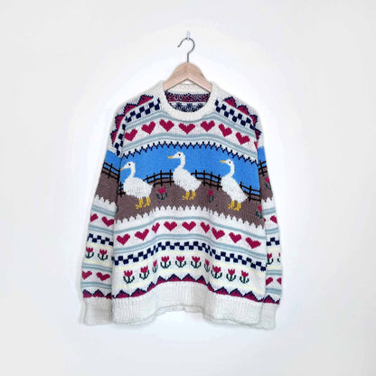 Vintage hand-knit ducks and hearts sweater - size M/L