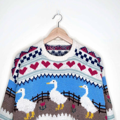 Vintage hand-knit ducks and hearts sweater - size M/L