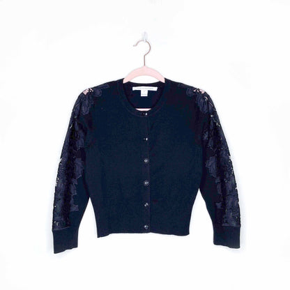 diane von furstenberg lace trim black wool cardigan - size xs