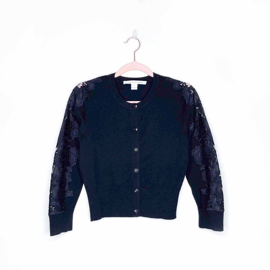 diane von furstenberg lace trim black wool cardigan - size xs