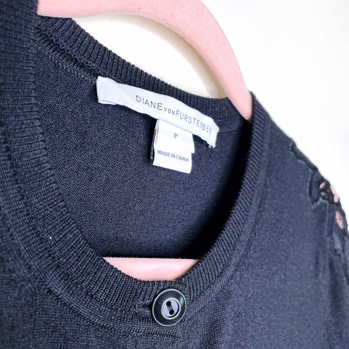 diane von furstenberg lace trim black wool cardigan - size xs