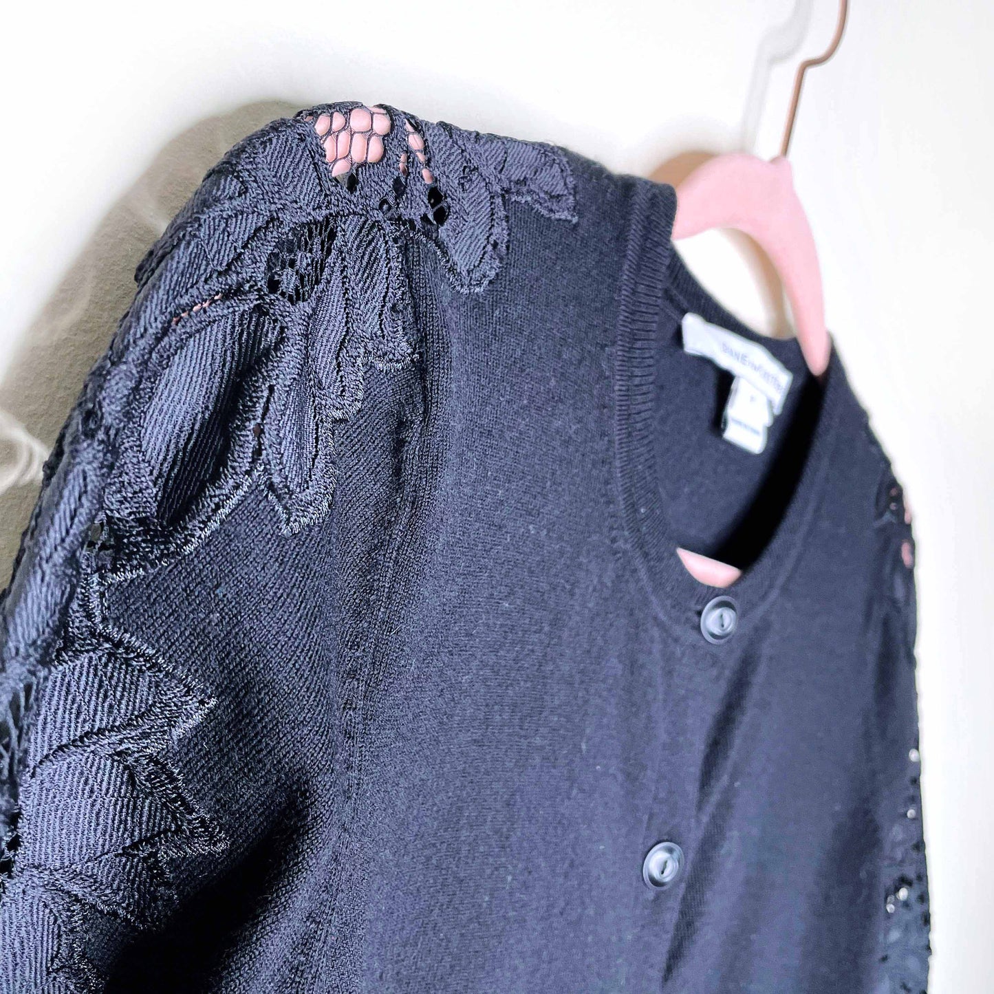 diane von furstenberg lace trim black wool cardigan - size xs