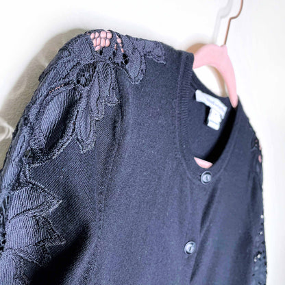 diane von furstenberg lace trim black wool cardigan - size xs