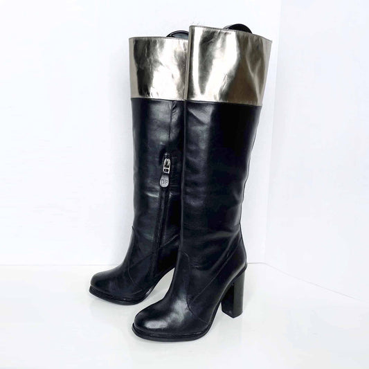 diane von furstenberg shelly tall leather heeled boots with gold trim - size 6
