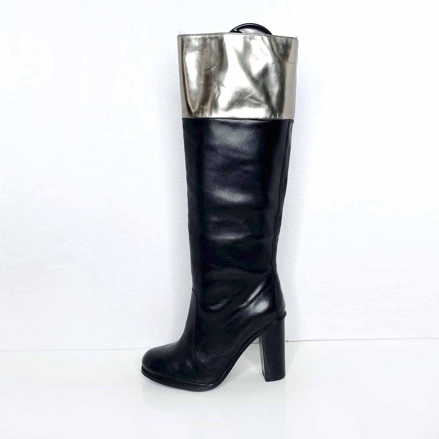 diane von furstenberg shelly tall leather heeled boots with gold trim - size 6