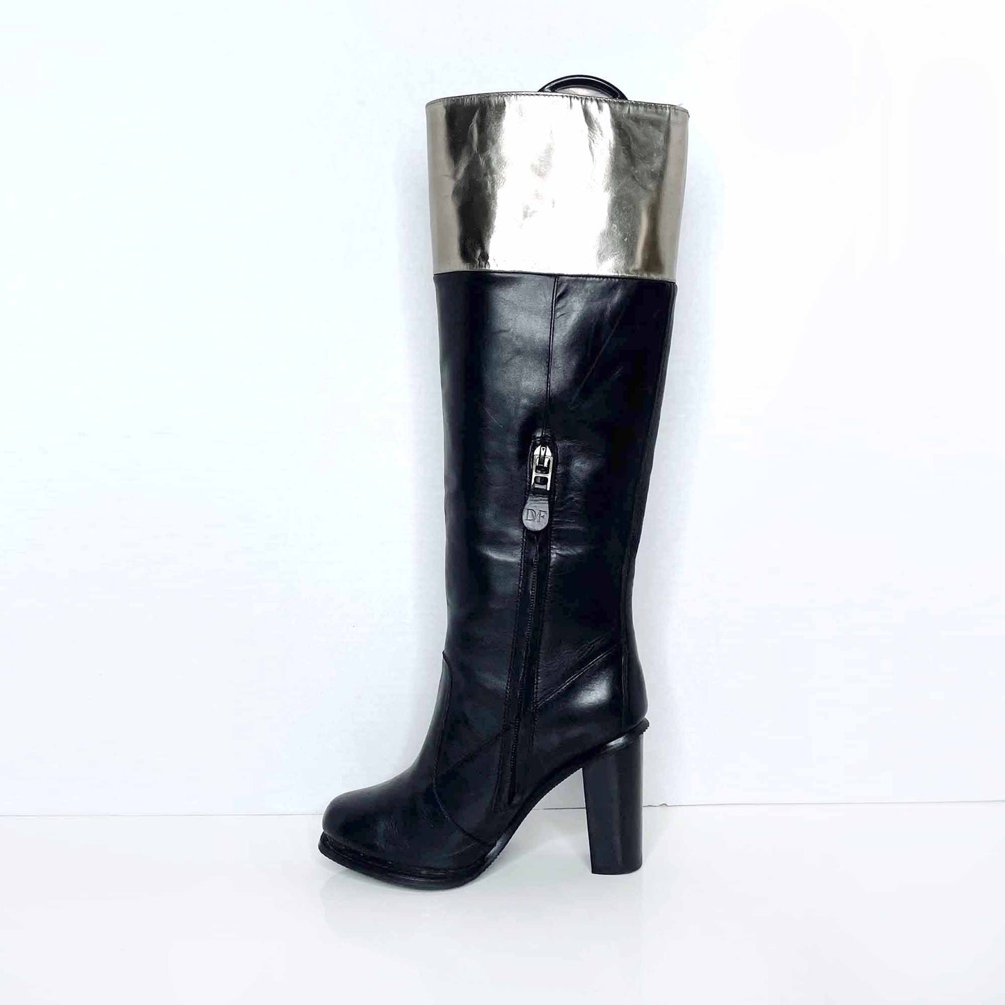 diane von furstenberg shelly tall leather heeled boots with gold trim - size 6