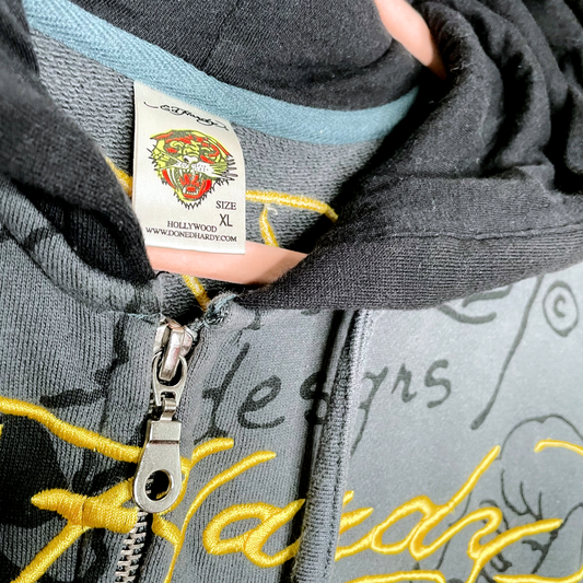 vintage ed hardy crystal skull zip hoodie - size xl