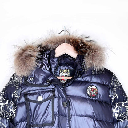 ed hardy short down puffer with fur hood - size small