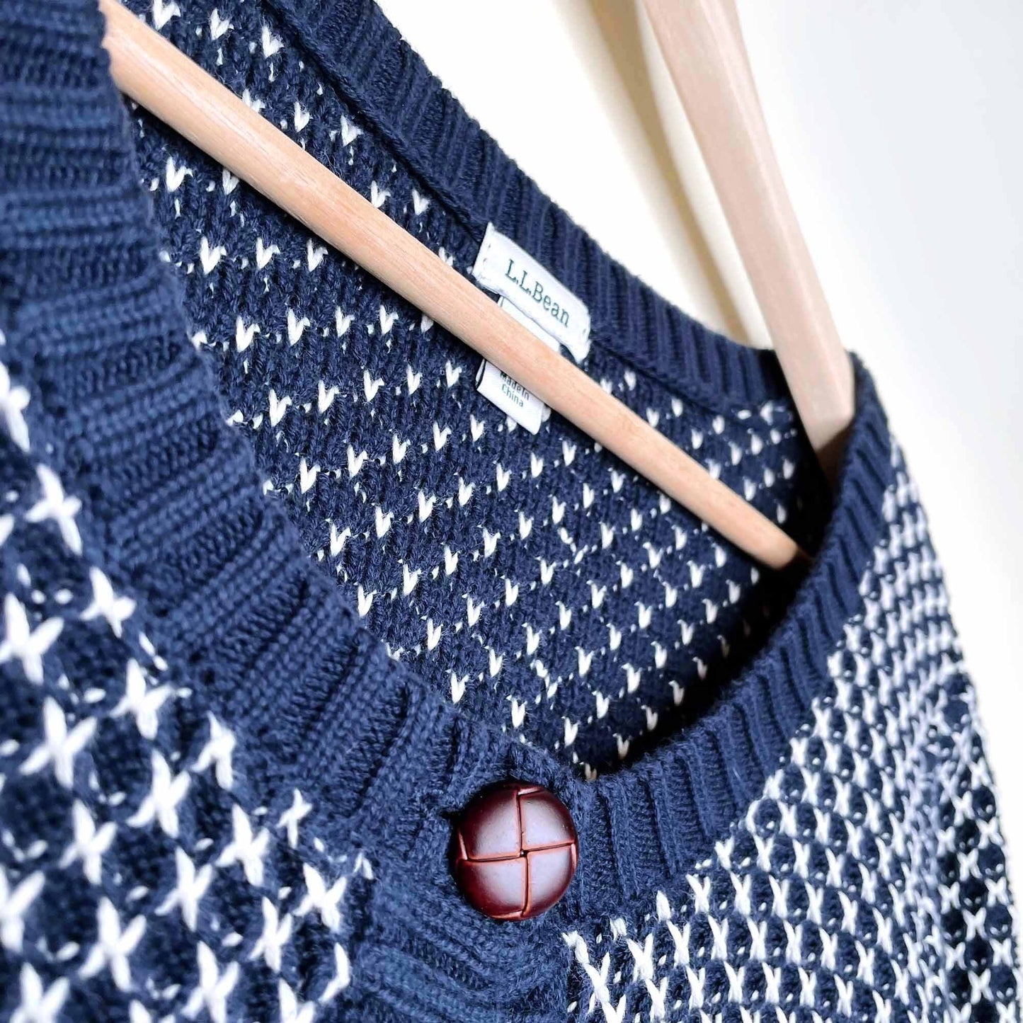 vintage ll bean knit cotton cardigan with leather buttons - size xl petite