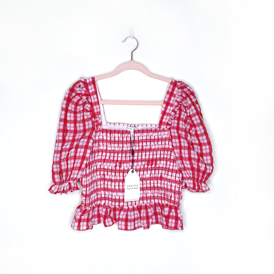 nwt english factory red ginham plaid smocked top - size small