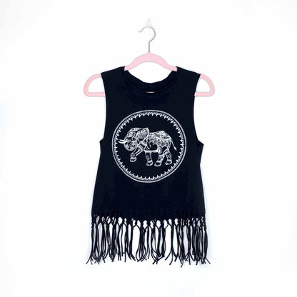thailand elephant sleeveless crop top with fringe hem - size xs/sm