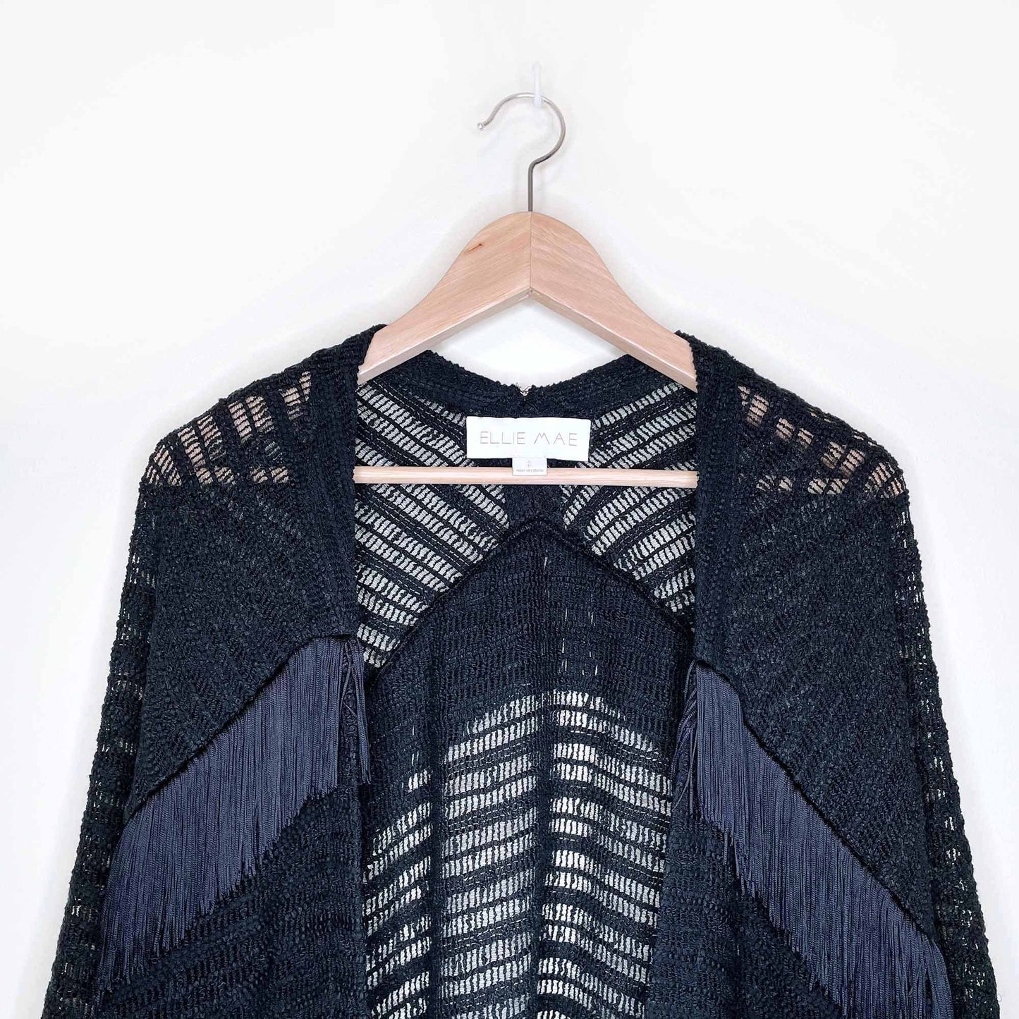 ellie mae black fringed boho open cardigan - size small