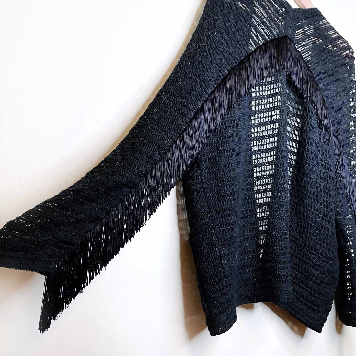ellie mae black fringed boho open cardigan - size small