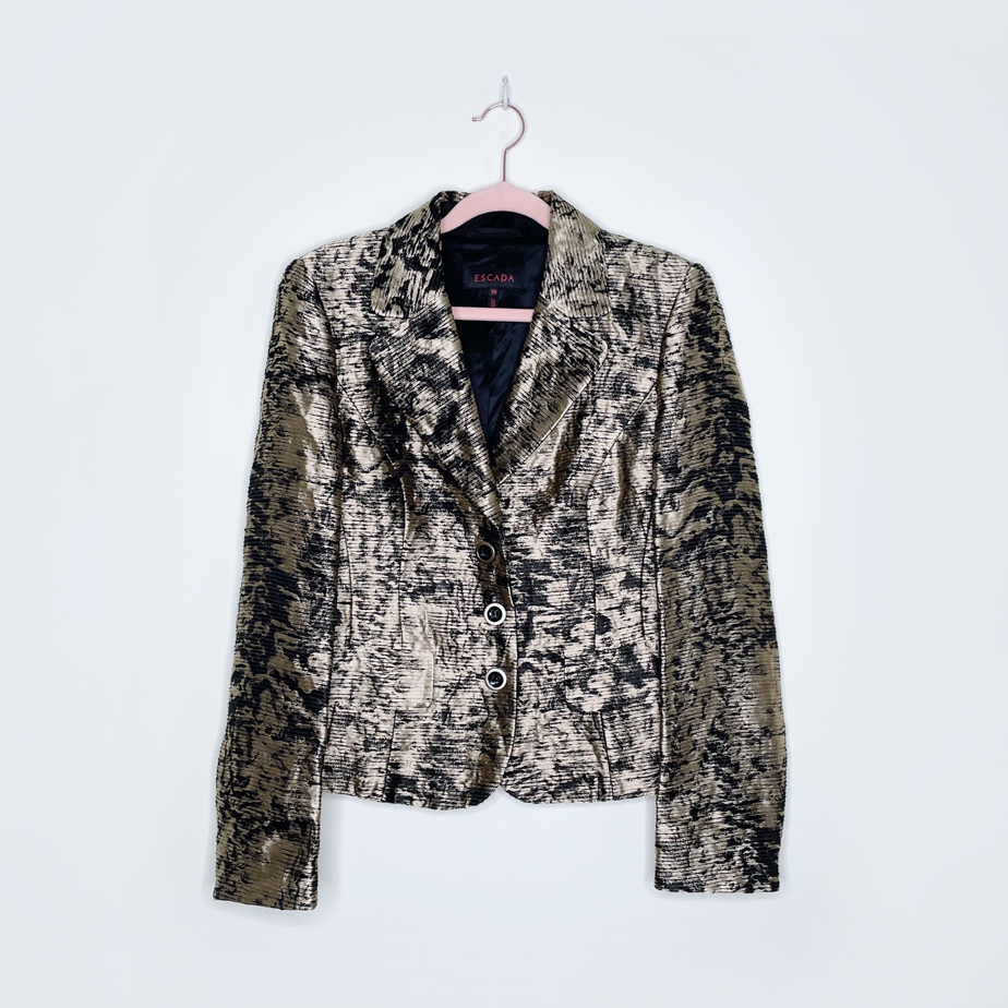 escada gold metallic brocade linen-silk blazer - size 36