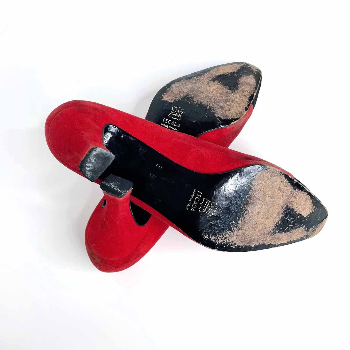 vintage escada red suede pumps with quilted black toe - size 8