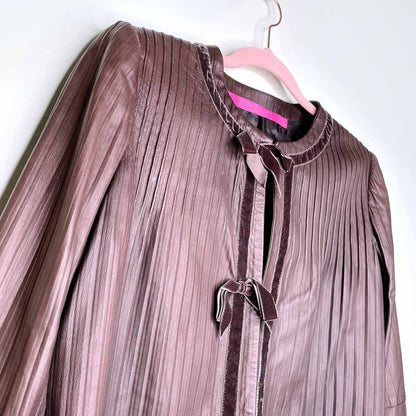 emanuel ungaro long brown leather jacket with velvet trim - size xs/sm