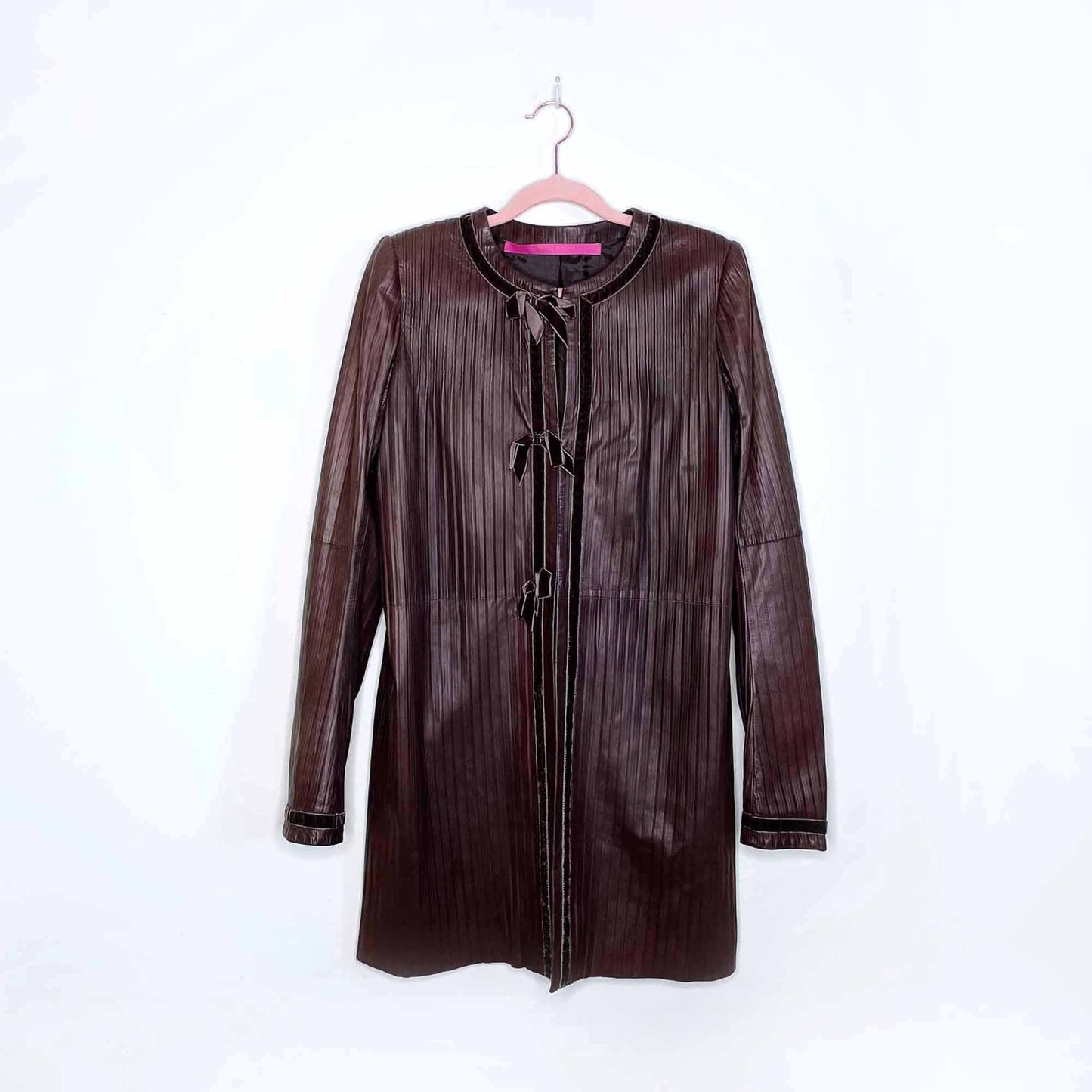 emanuel ungaro long brown leather jacket with velvet trim - size xs/sm