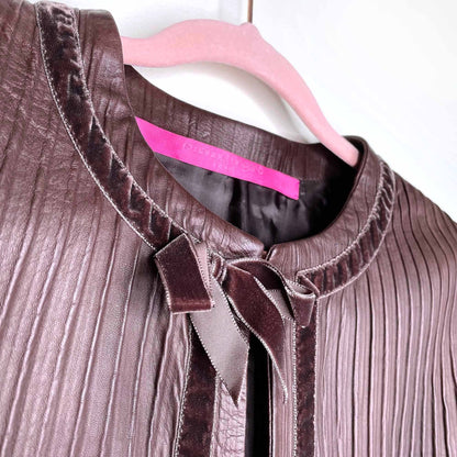 emanuel ungaro long brown leather jacket with velvet trim - size xs/sm