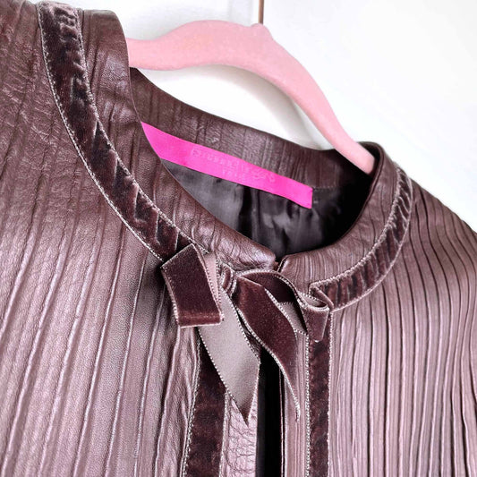 emanuel ungaro long brown leather jacket with velvet trim - size xs/sm