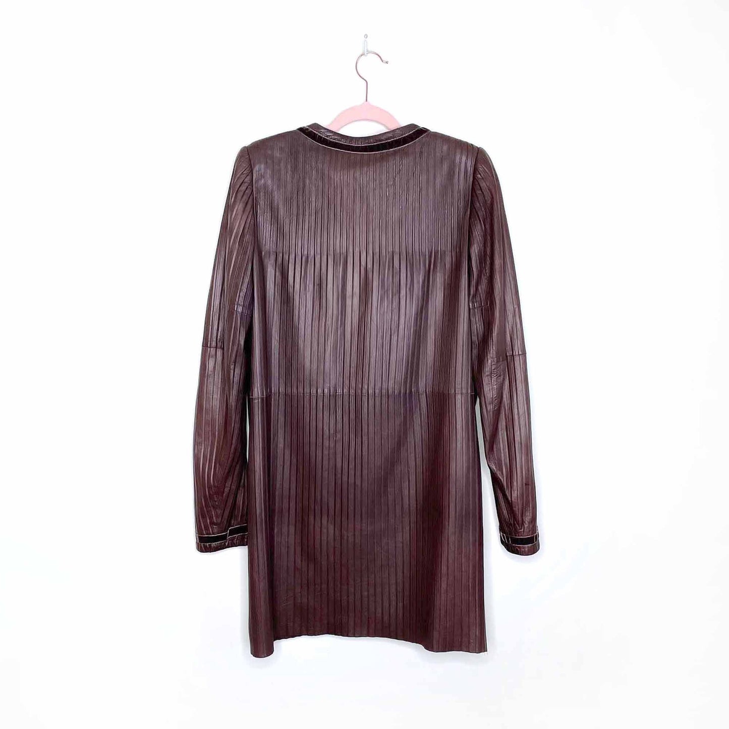 emanuel ungaro long brown leather jacket with velvet trim - size xs/sm