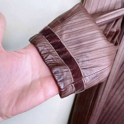 emanuel ungaro long brown leather jacket with velvet trim - size xs/sm