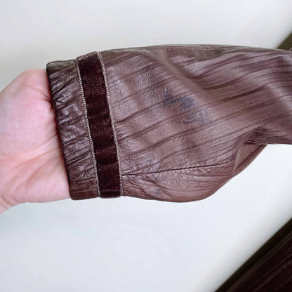 emanuel ungaro long brown leather jacket with velvet trim - size xs/sm