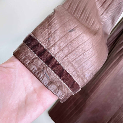 emanuel ungaro long brown leather jacket with velvet trim - size xs/sm